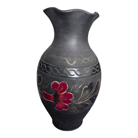 Other - VINTAGE Red Floral Pottery Vase 9 1/2" Tall Gold Trim Ruffled Edge
